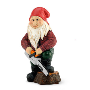garden gnome holding STIHL chainsaw