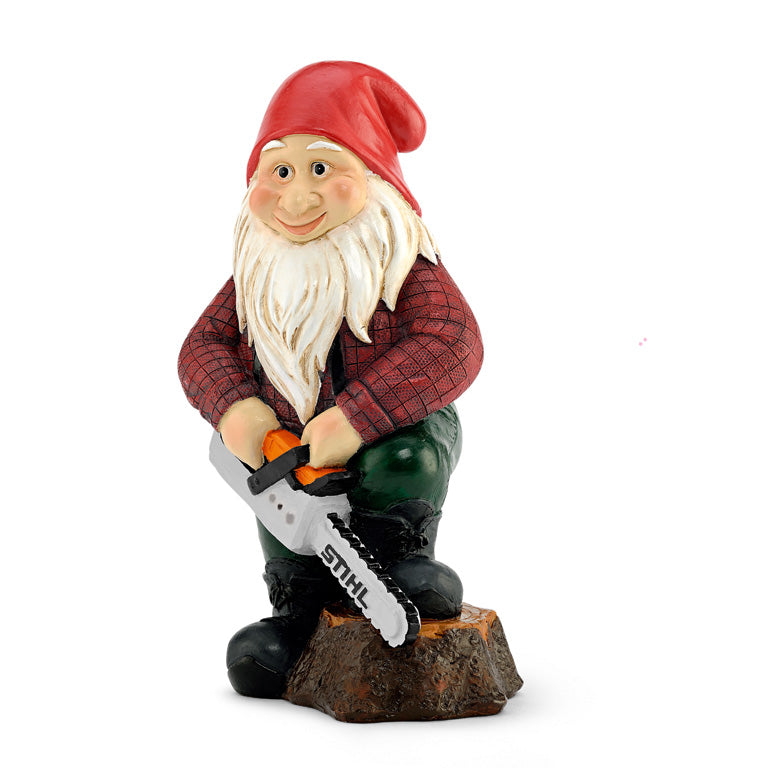 garden gnome holding STIHL chainsaw